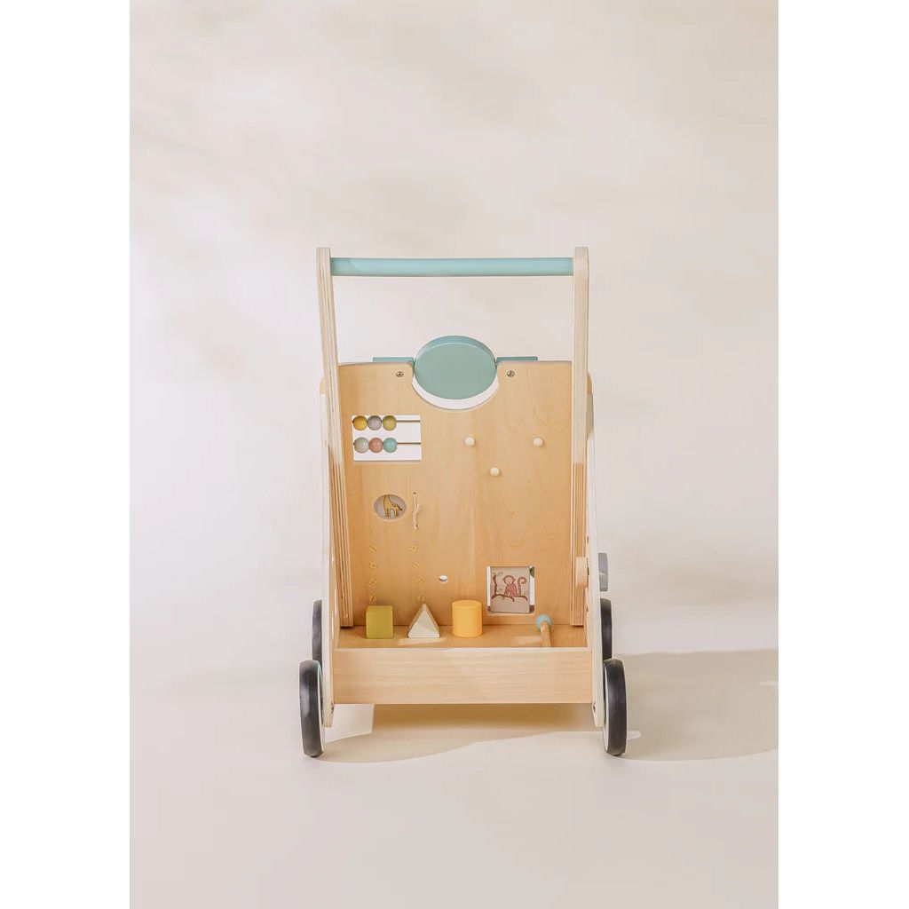 back view of cocovillage toddler walker and busy board